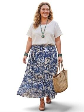 Blue & White Paisley Tiered Maxi Skirt Boho Chic SZ XL
